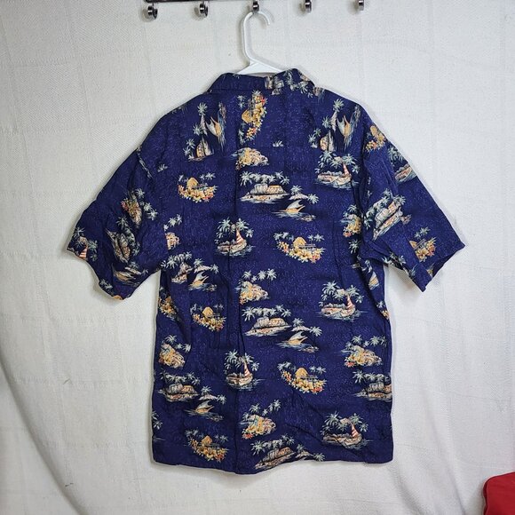 Pierre Cardin Vtg Blue Tropical Surfer Beach Scene ButtonUp Cotton Shirt Size XL - Picture 12 of 16
